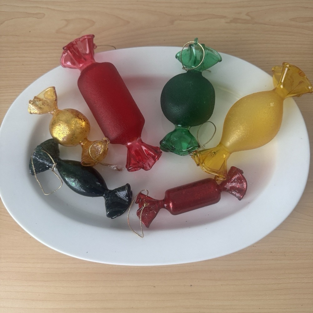 Vtg Lot 6 Glass Wrapped Hard‎ Candy Large Xmas Ornaments Red Green Gold Glitter